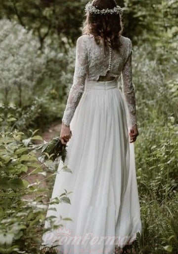 Lace Flowy Long Sleeve Two Piece Outdoor Wedding Dress BWD188
