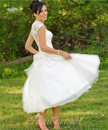 Rustic A-line 50s Lace Tulle Tea Length Rockabilly Outdoor Wedding Dress BWD191