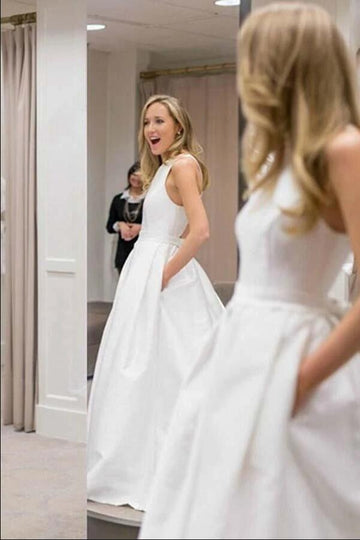 White Corss Back Modest Plain Wedding Dress with Pockets BWD196
