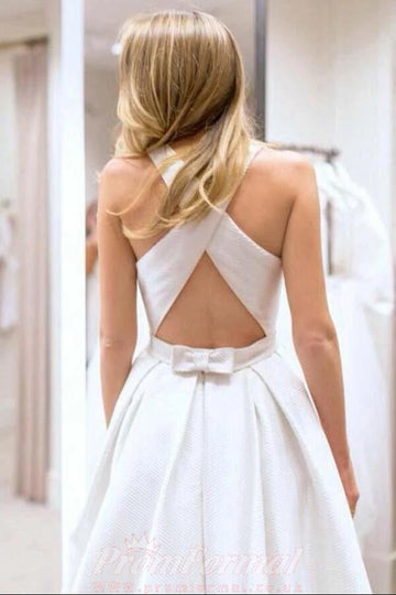 White Corss Back Modest Plain Wedding Dress with Pockets BWD196