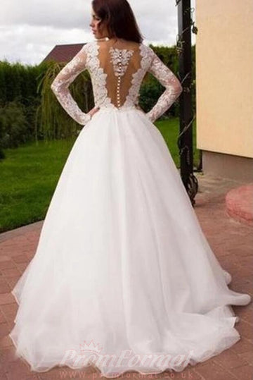 A Line V Neck Long Sleeve Lace Celebrity Wedding Dress BWD199