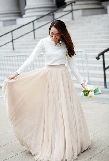 A Line Champagne Long Sleeve Two Piece Street Wedding Dress BWD205