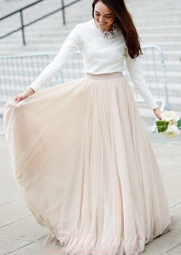 A Line Champagne Long Sleeve Two Piece Street Wedding Dress BWD205