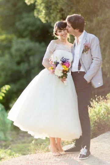 A Line Tea Length 1950s Rockabilly Outdoor Wedding Dress BWD208