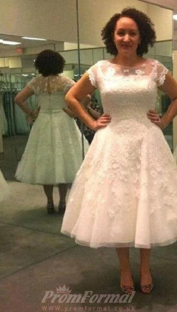 Tea Length Lace Short Sleeve Rockabilly Plus Size 1950s Wedding Dress BWD215