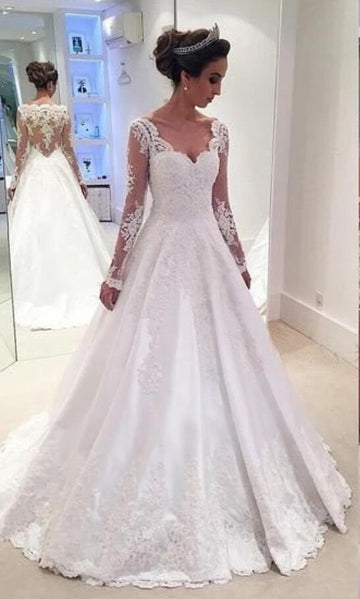 A Line V Neck Lace Long Sleeve Wedding Dress Petite Brides BWD217