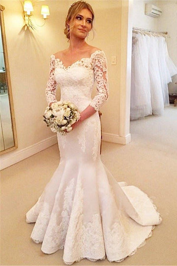 Mermaid V Neck Long Sleeves Lace Wedding Dress BWD218
