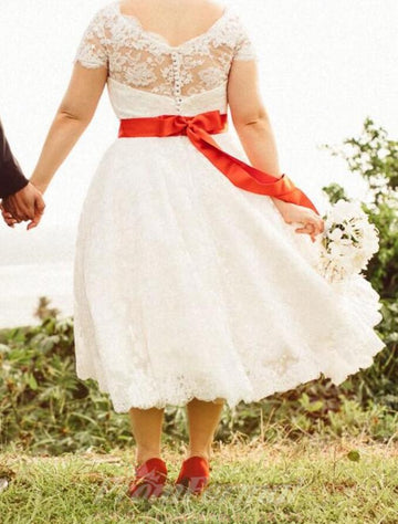 Plus Size Tea Length Lace Country Full Figure Rockabilly Wedding Dress BWD219