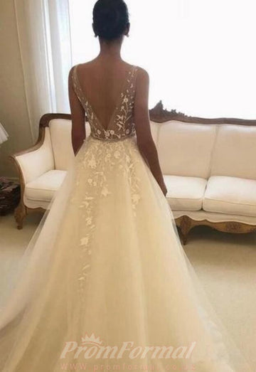 A line V-neck Lace Tulle Wedding Dress Petite Brides BWD221