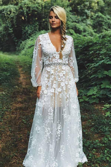 Boho Lace Appliqué See Through Long Sleeve Rustic Wedding Dress BWD224