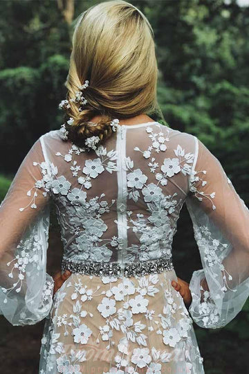 Boho Lace Appliqué See Through Long Sleeve Rustic Wedding Dress BWD224