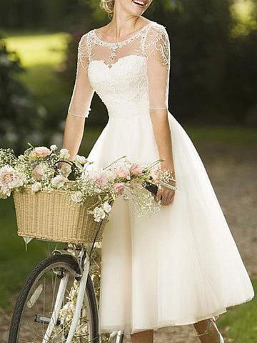 A Line Lace Tulle Half Sleeve 1950s Rockabilly Wedding Dress BWD228