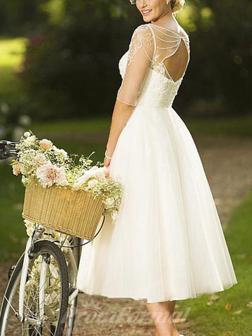 A Line Lace Tulle Half Sleeve 1950s Rockabilly Wedding Dress BWD228