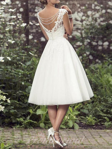 Rockabilly A Line V Neck Lace Tulle Wedding Dress BWD230