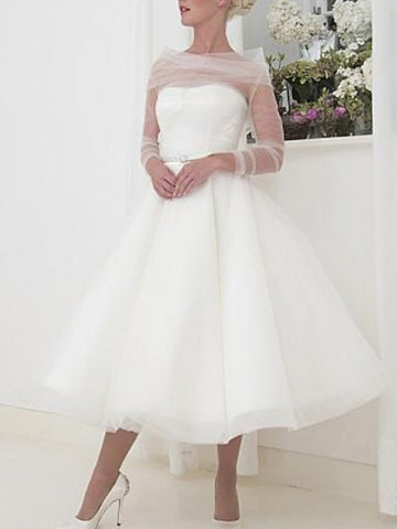 Long Sleeve Little White Dress 1950s Rockabilly Wedding Dress BWD231