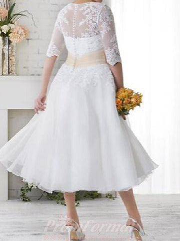 Tea Length Lace Half Sleeve Country Plus Size Rockabilly Wedding Dress BWD241