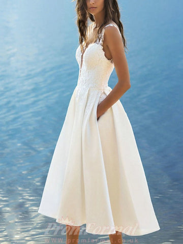 V Neck Tea Length Lace Beach Summer Little White Dress BWD245