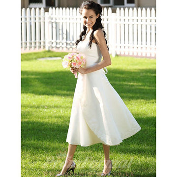 Country Halter Neck Spaghetti Strap Tea Length Rockabilly Wedding Dress BWD248