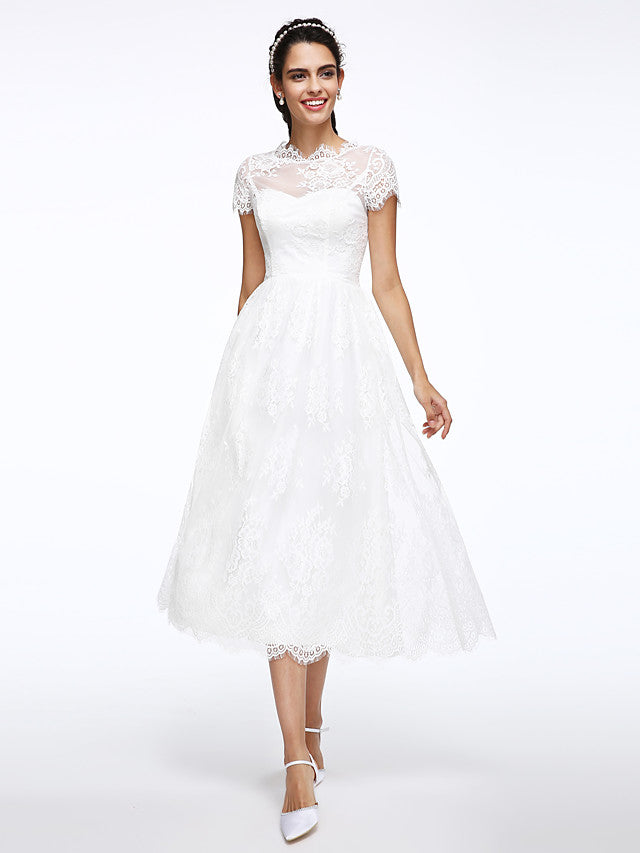 A Line Tea Length Lace Vintage Rockabilly Wedding Dress BWD250