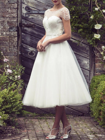 Simple Tea Length Rockabilly Wedding Dress for Old Lady BWD253