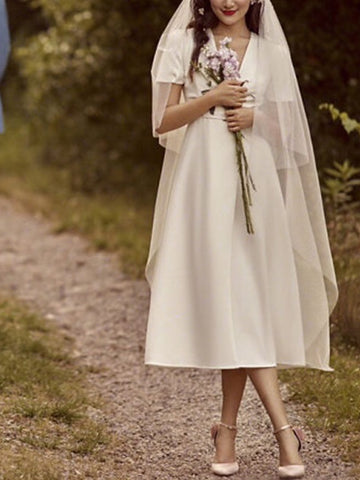 Simple Summer V Neck Tea Length Church Little White Dress BWD256