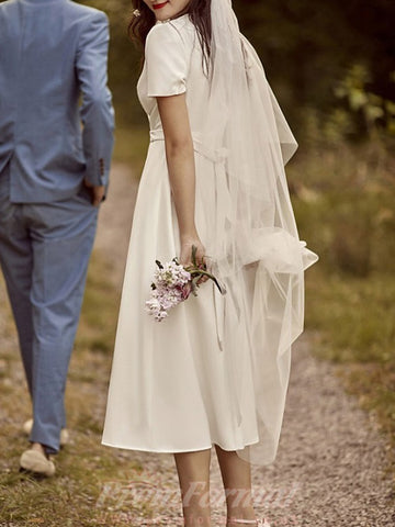 Simple Summer V Neck Tea Length Church Little White Dress BWD256