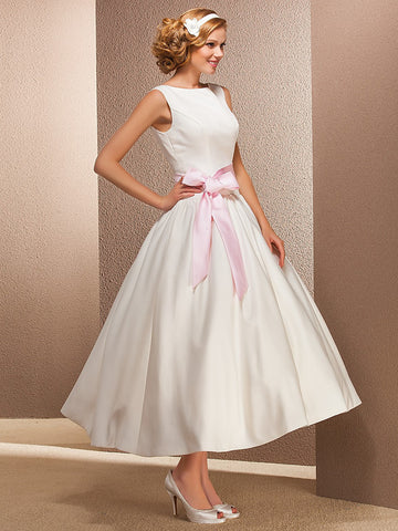 Simple White Tea Length Satin Casual Rockabilly Wedding Dress BWD257