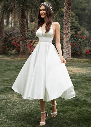 Tea Length Straps V Neck Vintage Rockabilly Wedding Dress BWD258