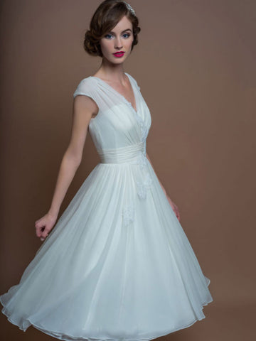 V Neck Tea Length Rockabilly Wedding Dress BWD268