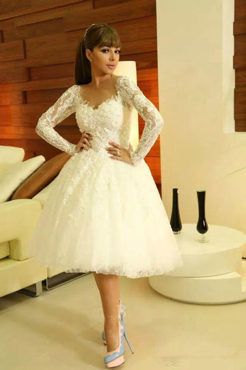 Long Sleeve Vintage Lace Tea Length Rockabilly Wedding Dress BWD273