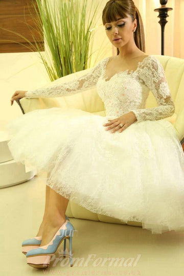 Long Sleeve Vintage Lace Tea Length Rockabilly Wedding Dress BWD273
