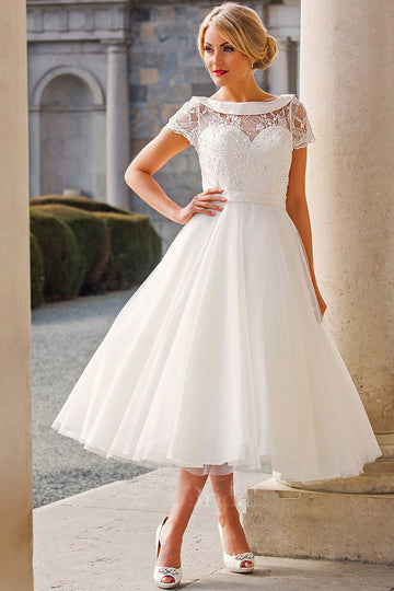 Rockabilly Vintage Beading Tea Length Wedding Dress BWD274