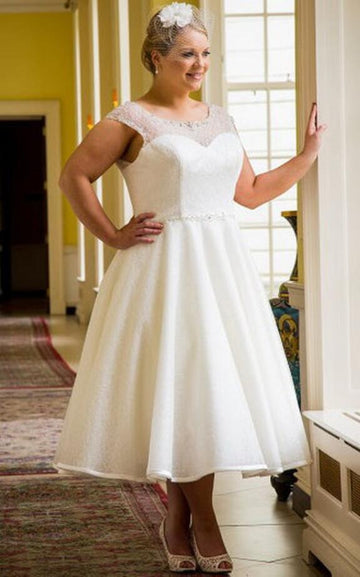 Plus Size Tea Length Rockabilly1960s Wedding Dress for Older Bride BWD282