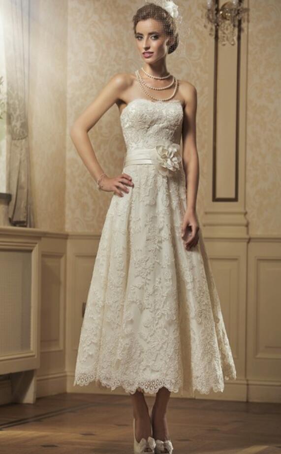 Lace Rockabilly Tea Length Classic Wedding Dress BWD283