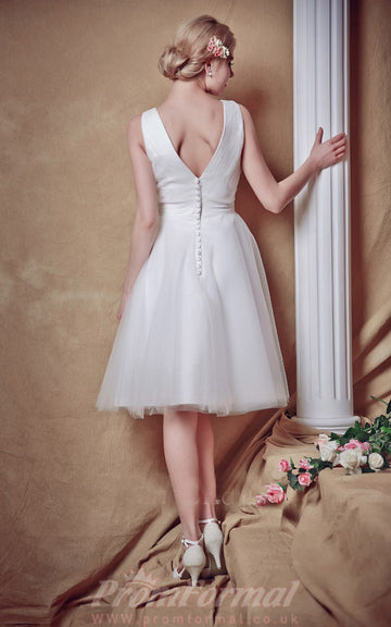 Knee Length V Neck Vintage Little White Wedding Dress BWD293