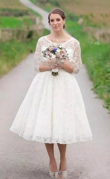 Tea Length Classic Long Sleeve Country Rockabilly Wedding Dress BWD300
