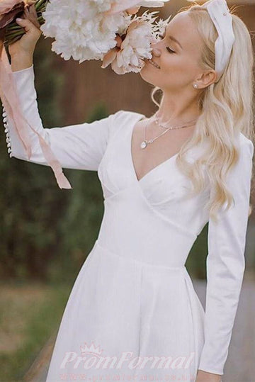 V Neck Tea Length Classic Wedding Dress BWD302