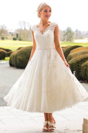 V Neck Lace Tea Length Garden Rockabilly Wedding Dress BWD305