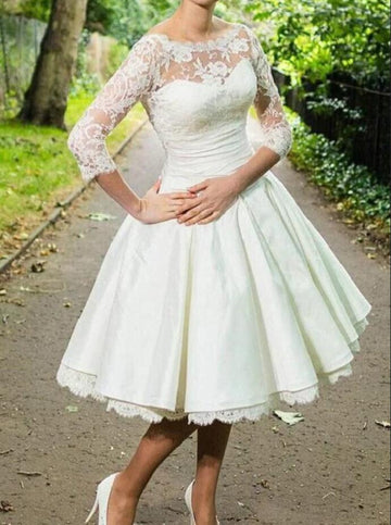 Vintage Long Sleeve Lace Tea Length Rockabilly Wedding Dress BWD306