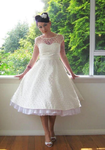1950s Style Tea Length Polka Dot Rockabilly Wedding Dress BWD308