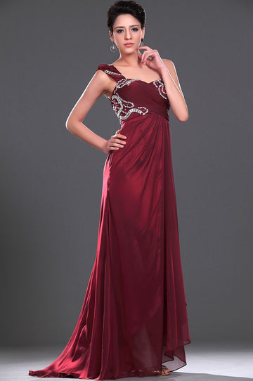 A-Line Burgundy Chiffon One Shoulder With Beading Bridesmaid Dress(UKBD03-441)