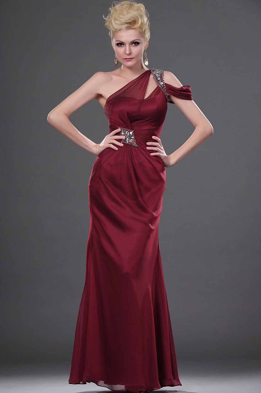 Burgundy Sheath/Column One Shoulder Mother Gowns With Beading Bridesmaid Dress(UKBD03-449)