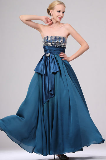 A-Line Ink Blue Chiffon Strapless With Beading Bridesmaid Dress(UKBD03-454)