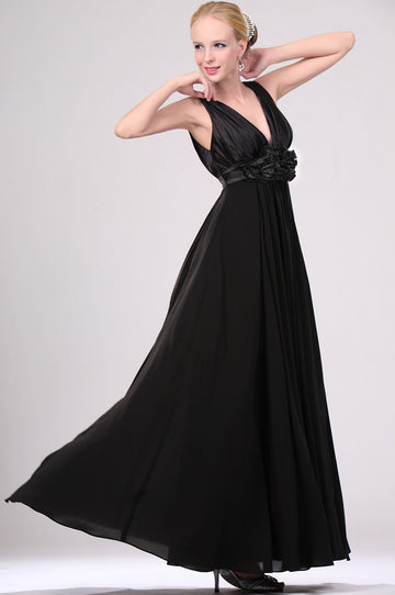 A-Line Black Chiffon V-neck With Beading Black Bridesmaid Dress(UKBD03-459)
