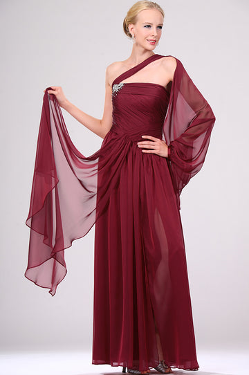 A-Line Burgundy Chiffon One Shoulder With Beading Bridesmaid Dress(UKBD03-460)