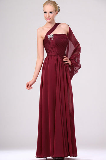 A-Line Burgundy Chiffon One Shoulder With Beading Bridesmaid Dress(UKBD03-460)