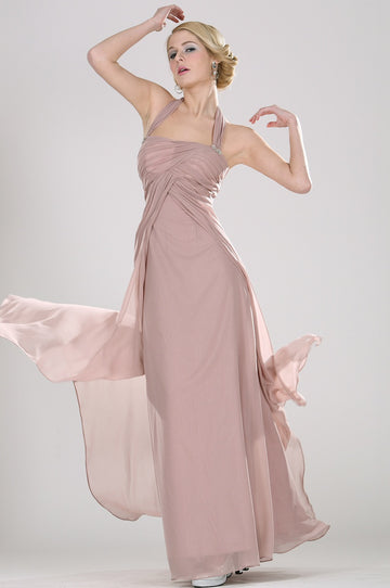 A-Line Nude Pink Chiffon Mother Gowns Halter With Draping Bridesmaid Dress(UKBD03-466)