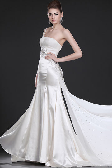 Ivory Stretch Satin Mermaid One Shoulder With Beading Bridesmaid Dress(UKBD03-473)