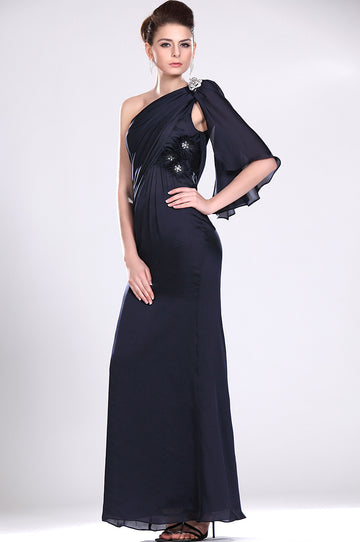 Dark Navy Chiffon Sheath/Column One Shoulder With Beading Bridesmaid Dress(UKBD03-480)