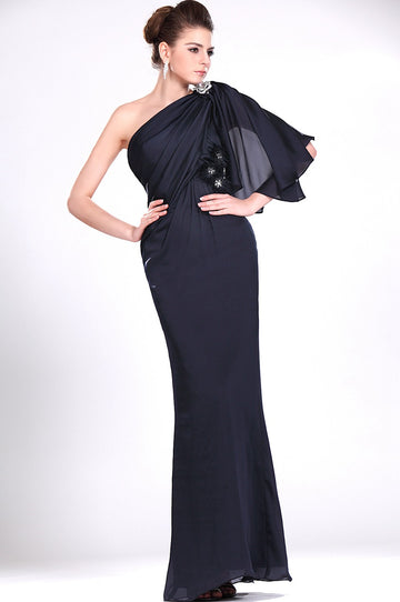 Dark Navy Chiffon Sheath/Column One Shoulder With Beading Bridesmaid Dress(UKBD03-480)